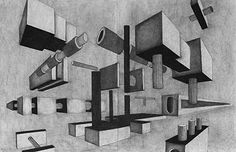 black and white drawing of abstract shapes with lines, squares, and rectangles