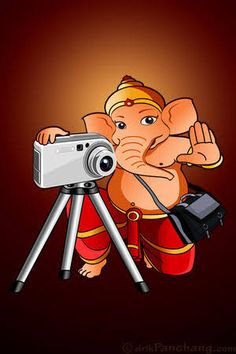 an elephant with a camera on a tripod in front of a dark background,