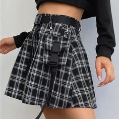 Never Worn!! Brand New!! Black And White Plaid Skirt With Belt And Pocket And Cute Buckle Detailing With Zipper In The Back. Size M By Shein Black Grunge Skort For Summer, Black Grunge Skort For Spring, Black Skirt With Pockets For School, Casual Black Skirt For School, Black Casual Skort With Pockets, Casual Black Skort With Pockets, Casual Black Mini Skirt For School, Black And White Plaid Skirt, Leather Skater Skirts