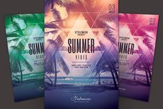 three colorful flyers with palm trees on the beach