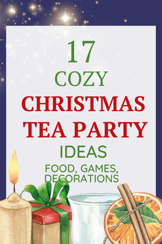 christmas tea party poster with oranges and cinnamons on it, surrounded by presents