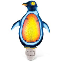 a blue and yellow penguin shaped night light on a white background with an orange center