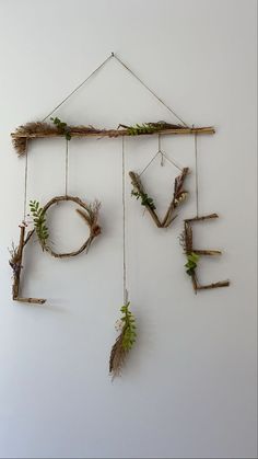 a wall hanging made out of branches and twigs with plants attached to the strings that hang from it