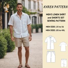 Casual Summer Cotton Sewing Pattern, Men’s Clothes Sewing Patterns, Sewing Pattern Men, Linen Shirt And Shorts, Mens Shorts Pattern, Linen Shorts Men, Shorts Pattern Free, Mens Linen Shorts, Summer Shirts Men