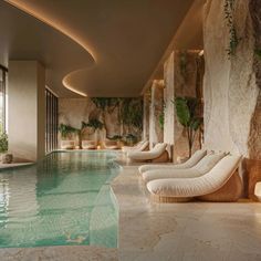 an indoor swimming pool with chaise lounges next to it