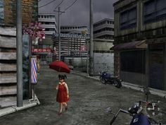 a woman in a red dress holding an umbrella walking down a street next to tall buildings