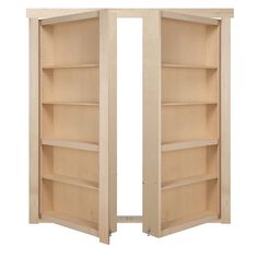 two open doors with shelves on each side