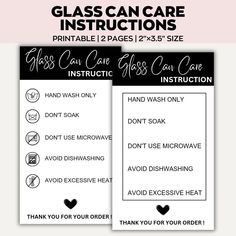 the instructions for glass care instructions are shown in black and white, with an image of a