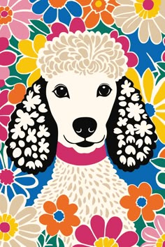 a white poodle surrounded by flowers and daisies on a multicolored background