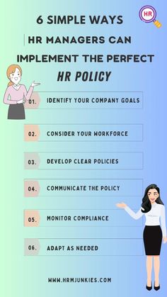 a woman pointing to the right side of her head with text that says, 6 simple ways hr managers can implement the perfect hr policy