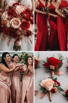 the bridesmaids are wearing red dresses and bouquets with pink roses on them