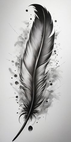 a black and white drawing of a feather with ink splatters on it's side