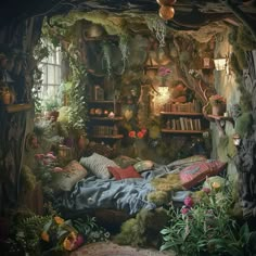 a room filled with lots of plants next to a bed covered in blankets and pillows