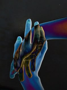 a painting of a hand holding something in it's right hand with blue and purple colors