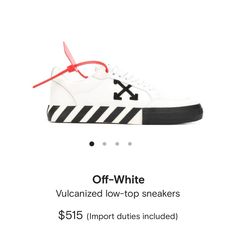 Off White Vulcanized Low Top Sneakers -Worn A Few Times, Few Creases, No Visible Outer Stains Or Scratches. -Size: “39” -Unisex -Includes Original Off White Box -Original Price:$515 Off White Shoes, Low Top Sneakers, White Box, Low Top, Womens Shoes Sneakers, Top Sneakers, White And Black, Shoes Sneakers, Dior