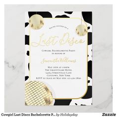 a black and white party card with gold disco ball decorations on the front, and an elegant design in the back