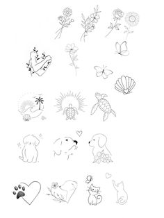 a bunch of drawings that are in the shape of flowers and animals on a white background