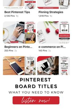 the website for pinterest board titles is shown in red, white and black