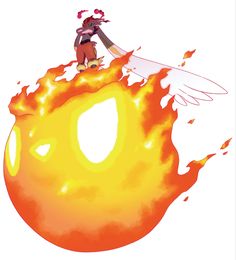 a person on top of an orange object with fire coming out of the back ground