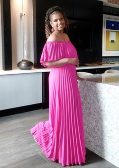 Off shoulder pleated dress, underlining with stretch. 100% polyester. Model is a size large wearing a size medium with 4 inch heels Model stats 5'4 height, 36C bust, 42.5 hips, 37 waist, 10/12 size 4 Inch Heels, Pleated Dress, 4 Inch, Off Shoulder, Maxi Dress, Size Medium, Heels, How To Wear