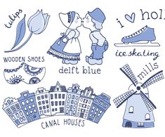 some blue and white images with words on them, including windmills, houses, and shoes