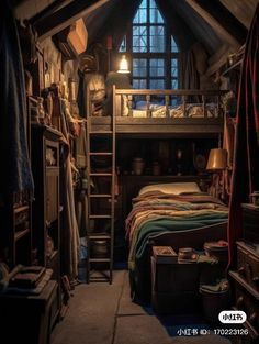 an attic bedroom with a loft bed and ladder to the second floor is lit by a lamp