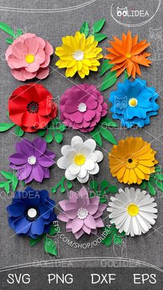 colorful paper flowers are arranged in rows on a gray background with the words svg png dxf eps