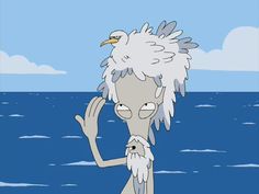 a cartoon character standing in the water with his hands up to his face and looking at something