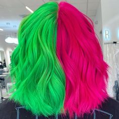 This was a whole transformation. Check out the before to see how much work we put in today. 🍉🍉🍉 #halfandhalfhair #iroirocolors #neonhair… Weird Haircuts, Half And Half Hair, Cute Hair Colors, Neon Hair, Creative Colour, Colored Hair, Hair Inspo Color