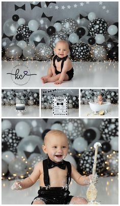 a baby is sitting in front of some balloons