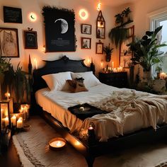 IA#witch #witchy #bedroom #dark #decoration #interior #chambre #chat #inspiration #inspired #aesthetic #candles #homedesign #pinterest Witch Cottage Bedroom, Dark Room Inspiration Bedroom, Scorpio Bedroom Aesthetic, Soft Goth Bedroom, Dark Gothic Bedroom, Tarot Bedroom, Dark Witch Room Aesthetic, Pagan Bedroom