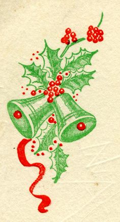 an old fashioned christmas card with holly and bells