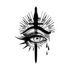 an all seeing eye with a knife sticking out of it's center, surrounded by spikes