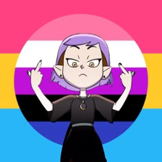 an animated image of a woman with purple hair in front of a rainbow colored background