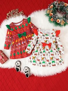 2pcs/Set Christmas 2024 Autumn/Winter New Fashion High Cost-Performance Princess Dress, Baby Girl Casual Daily Cute Bow, Gingerbread Man, Christmas Tree, Snowman, Reindeer & Colorful Light Print Long Sleeve Dress Set Red Elegant  Long Sleeve Knitted Fabric Christmas,Geometric A Line Medium Stretch All Baby Girls Clothing, size features are:Bust: ,Length: ,Sleeve Length: Los Angeles Shirt, Long Sleeve Print Dress, Autumn Fashion Casual, Cute Bows, Inspiration Mode, Casual Girl, Girls Clothing