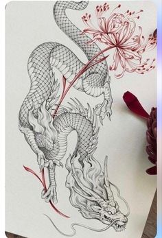 a drawing of a dragon with flowers on it