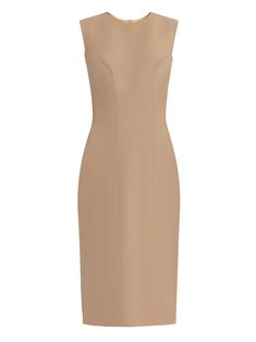 Krew High Quality Tan Sheath Dress – Caeli Couture Beige Structured Fitted Dress, Elegant Sleeveless Bodycon Dress, Elegant Sleeveless Beige Midi Dress, Elegant Structured Sleeveless Dress For Work, Fitted Knee-length Sleeveless Dress For Daywear, Sleeveless Beige Dress For Office, Beige Sleeveless Office Dress, Classic Lined Midi Dress For Formal Occasions, Lined Sheath Midi Dress For Work