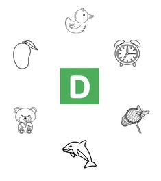 the letter d is for dolphin and other animal related objects are outlined in black and white