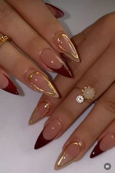 Dark Red French Tips, French Nails Gold, Red French Nails, Red French Tips, Molde F1, Pointy Nails, Gold Nail Art, Formal Nails