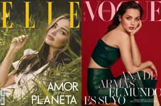 two covers of magazines one with an image of a woman in green and the other featuring a model