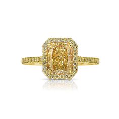 a fancy yellow diamond ring with diamonds around it