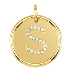 Creating the dazzling letter in the center of this eye-catching 14k gold disc pendant is 18 full cut, round white diamonds that are I1 in clarity and G-H in color. It measures 17mm in diameter and the smooth back side is suitable for engraving. Total diamond weight is .09 of a carat. Chain not included. Gold Initial Pendant, Initial Disc Necklace, Initial S, Initial Necklace Gold, Initial Pendant Necklace, Bow Jewelry, Disc Pendant, Gold Initial, Yellow Gold Pendants