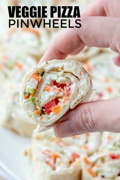 a hand holding a vegetable wrap over a white plate