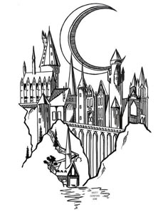 a drawing of hog potters castle with a crescent in the sky and a moon above it