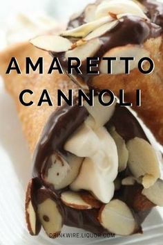 an image of food on a plate with words overlay reading amarettoo cannoli