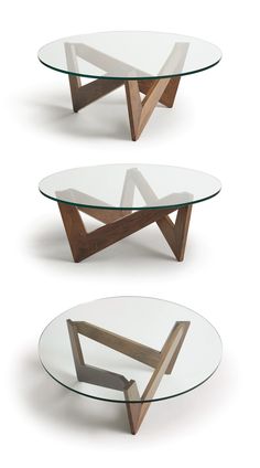 three glass tables with wooden bases and one is made out of two pieces of wood