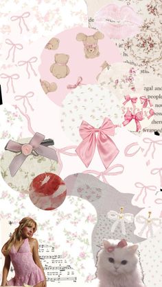 a collage of pink and white images with cats, teddy bears, hearts, bows