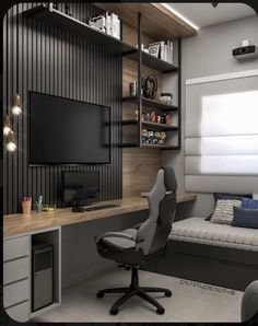 a room with a couch, desk and television on the wall next to a window