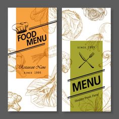 two vertical menus with hand drawn vegetables and leaves on the sides, one for food menu