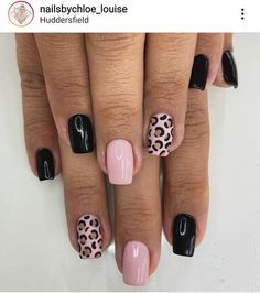 Disney Leopard Nails, Pink Black Leopard Nails, Leopard Nail Designs Summer, Pink And Black Leopard Nails, Pink And Black Cheetah Nails, Cheetah Nails Black, Leopard Nails Black, Cheetah Accent Nails, Black Cheetah Print Nails